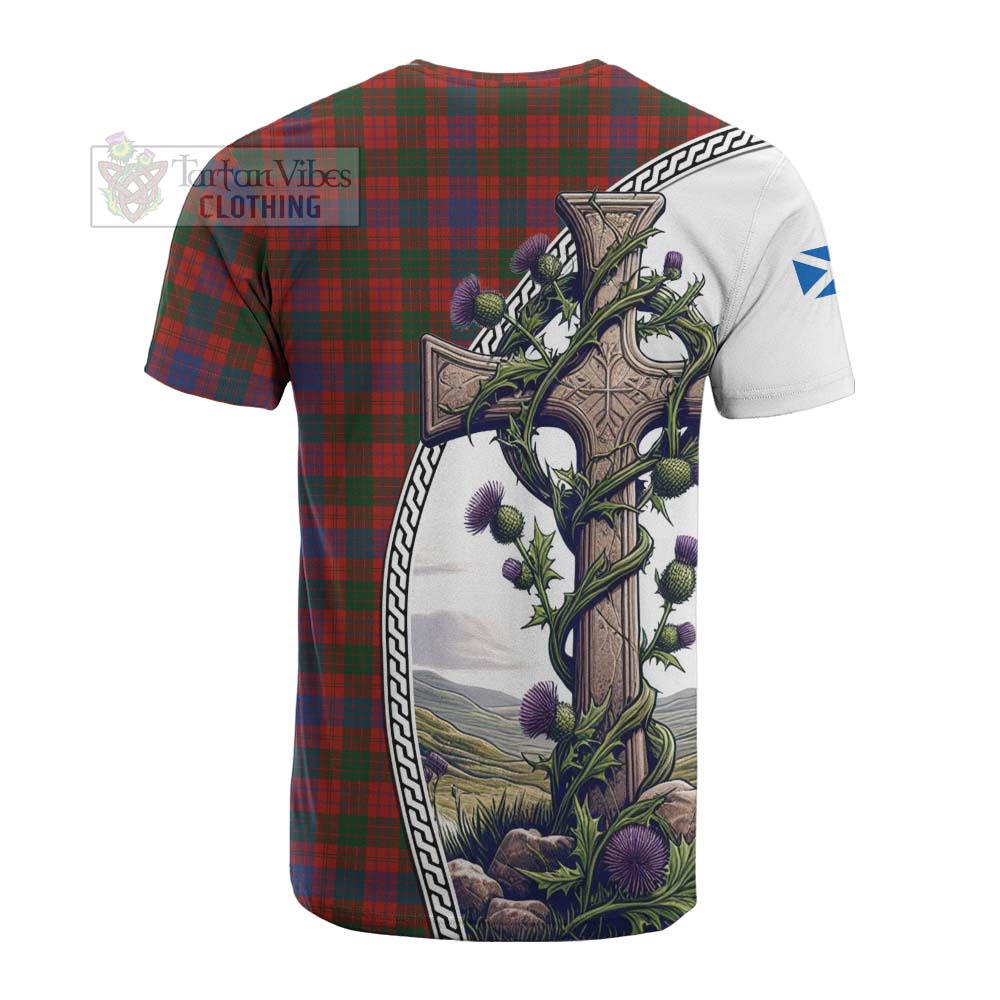 Tartan Vibes Clothing Ross Tartan Cotton T-shirt with Family Crest and St. Andrew's Cross Accented by Thistle Vines