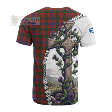 Ross Tartan Cotton T-shirt with Family Crest and St. Andrew's Cross Accented by Thistle Vines