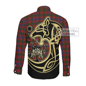 Ross Tartan Long Sleeve Button Shirt with Family Crest Celtic Wolf Style