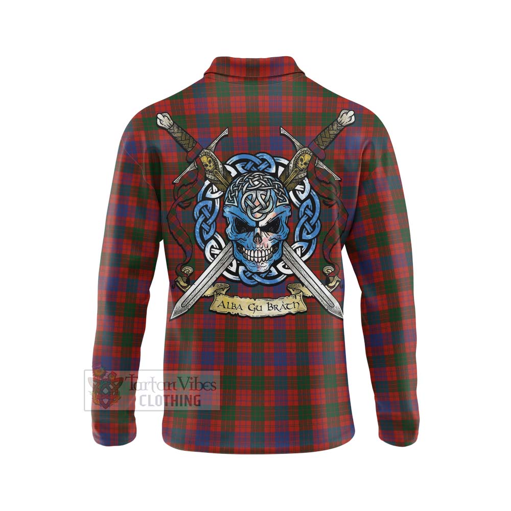 Tartan Vibes Clothing Ross Tartan Long Sleeve Polo Shirt with Family Crest Celtic Skull Style