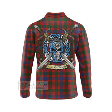 Ross Tartan Long Sleeve Polo Shirt with Family Crest Celtic Skull Style