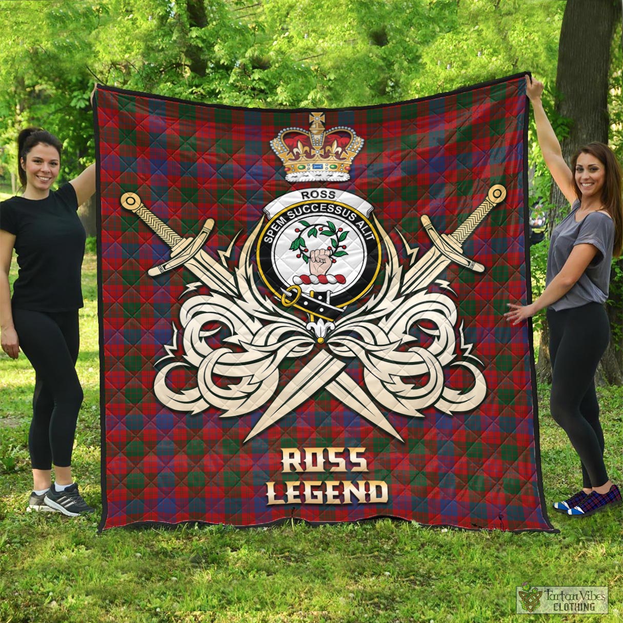 Tartan Vibes Clothing Ross Tartan Quilt with Clan Crest and the Golden Sword of Courageous Legacy