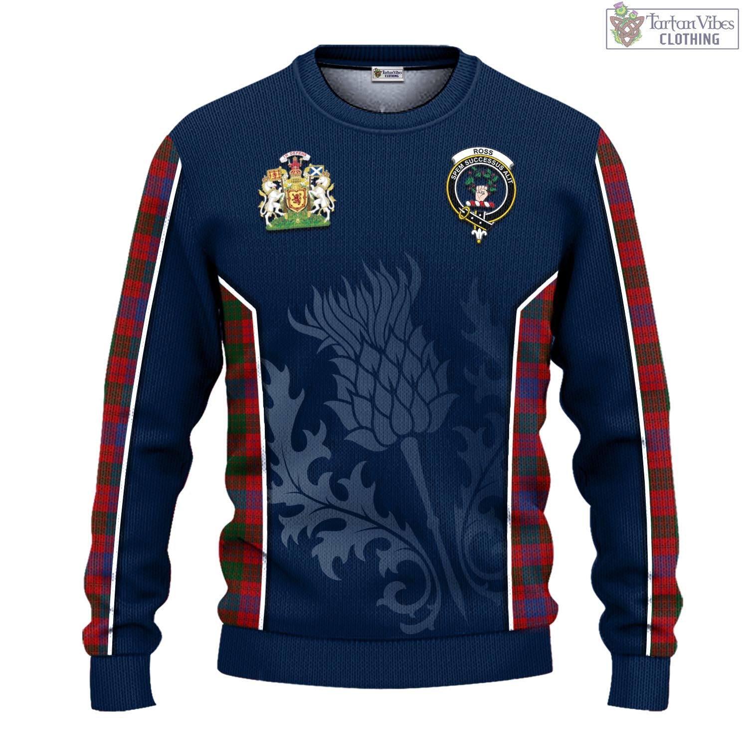 Tartan Vibes Clothing Ross Tartan Knitted Sweatshirt with Family Crest and Scottish Thistle Vibes Sport Style