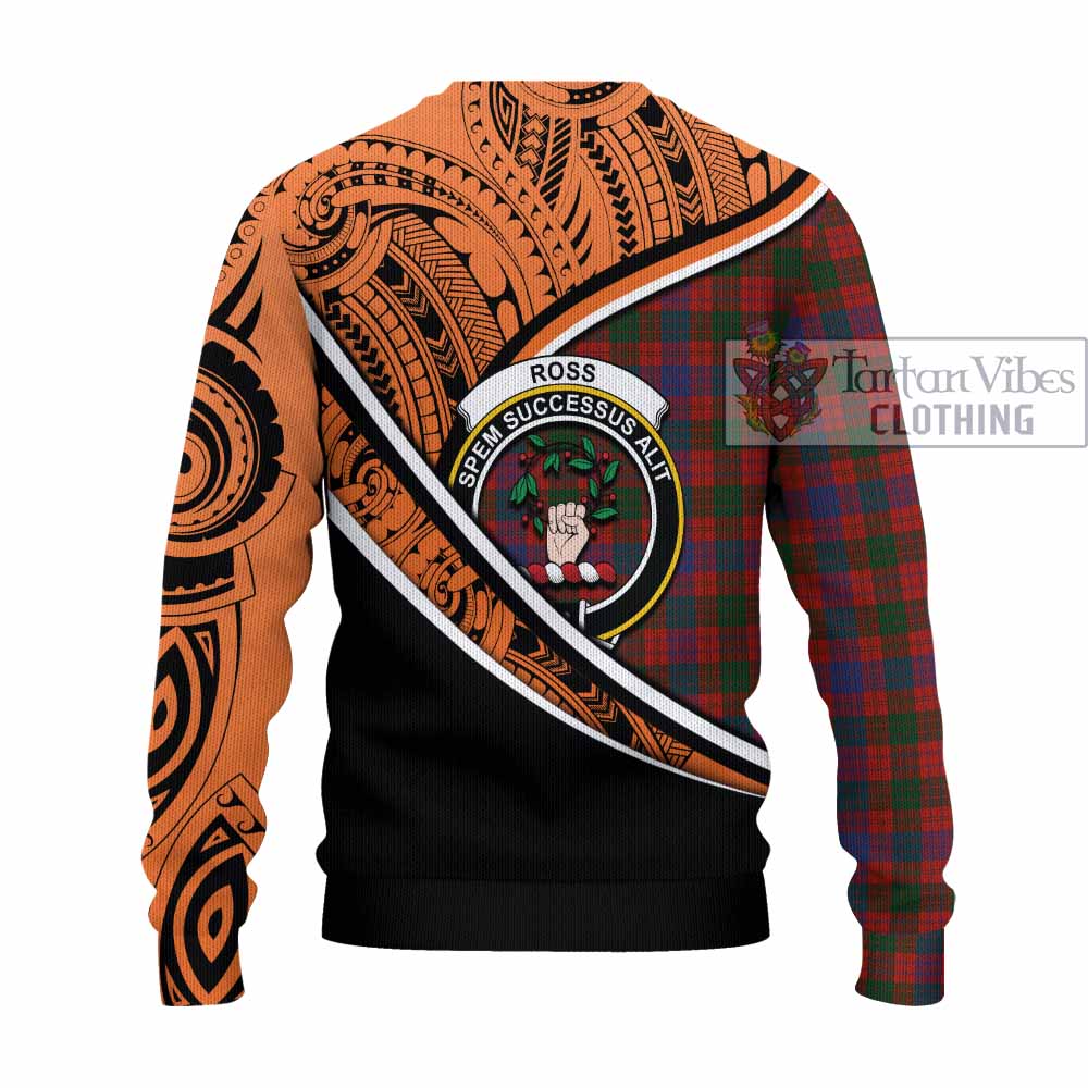 Tartan Vibes Clothing Ross Crest Tartan Knitted Sweater with Maori Tattoo Style - Orange Version