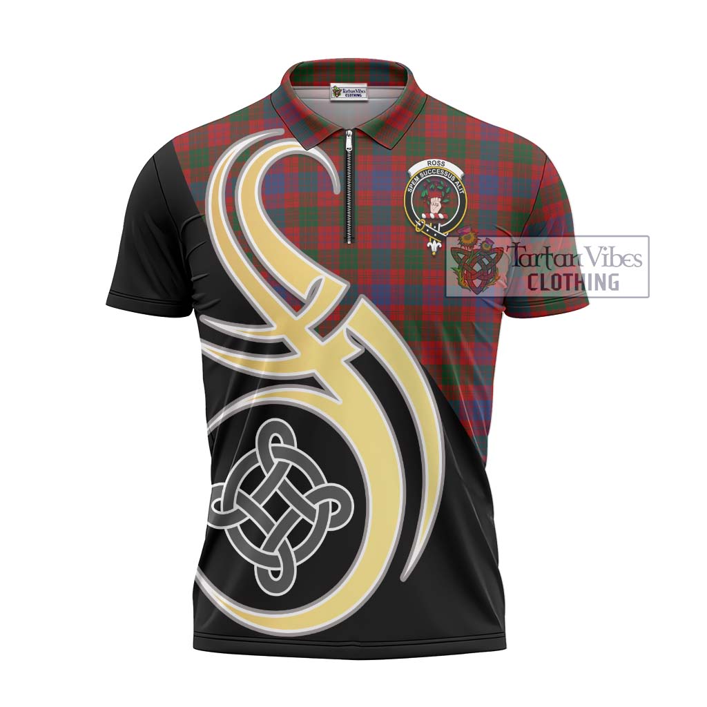 Tartan Vibes Clothing Ross Tartan Zipper Polo Shirt with Family Crest and Celtic Symbol Style