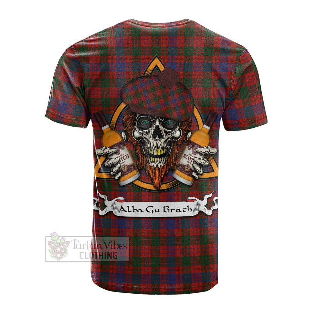 Tartan Vibes Clothing Ross Tartan Cotton T-shirt with Family Crest and Bearded Skull Holding Bottles of Whiskey