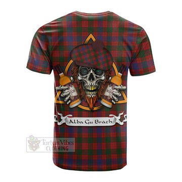 Ross Tartan Cotton T-shirt with Family Crest and Bearded Skull Holding Bottles of Whiskey