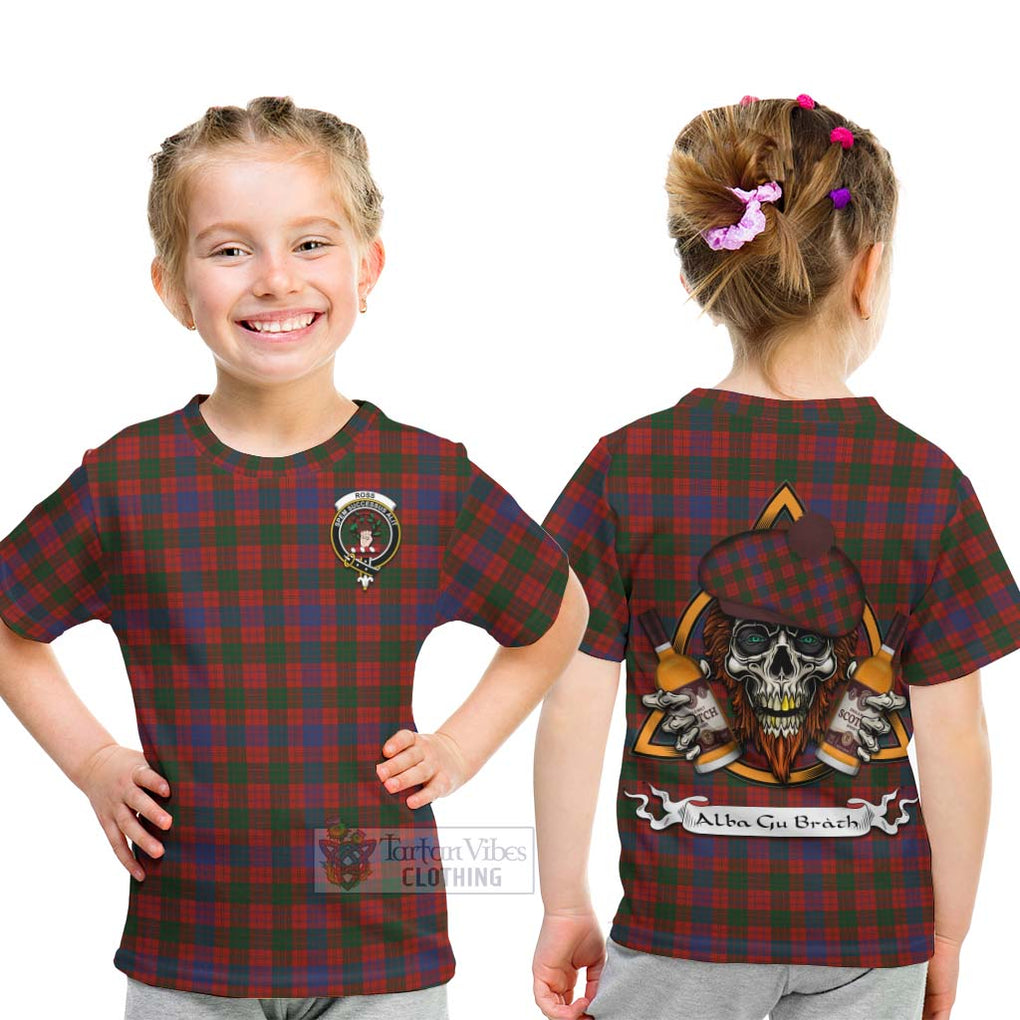 Tartan Vibes Clothing Ross Tartan Kid T-Shirt with Family Crest and Bearded Skull Holding Bottles of Whiskey