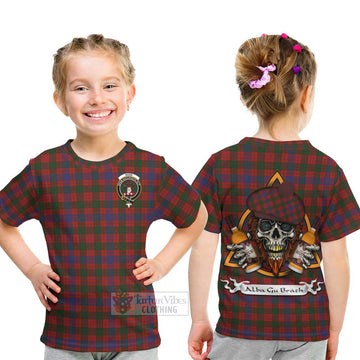 Ross Tartan Kid T-Shirt with Family Crest and Bearded Skull Holding Bottles of Whiskey