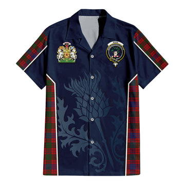 Ross Tartan Short Sleeve Button Up Shirt with Family Crest and Scottish Thistle Vibes Sport Style