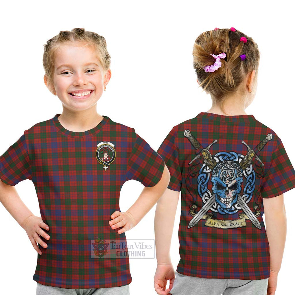 Tartan Vibes Clothing Ross Tartan Kid T-Shirt with Family Crest Celtic Skull Style