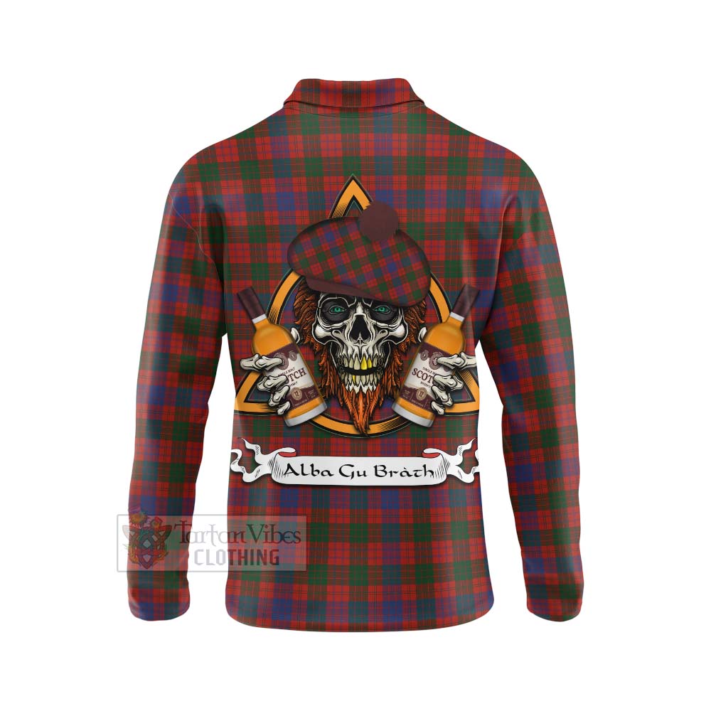 Tartan Vibes Clothing Ross Tartan Long Sleeve Polo Shirt with Family Crest and Bearded Skull Holding Bottles of Whiskey