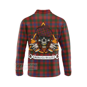 Ross Tartan Long Sleeve Polo Shirt with Family Crest and Bearded Skull Holding Bottles of Whiskey