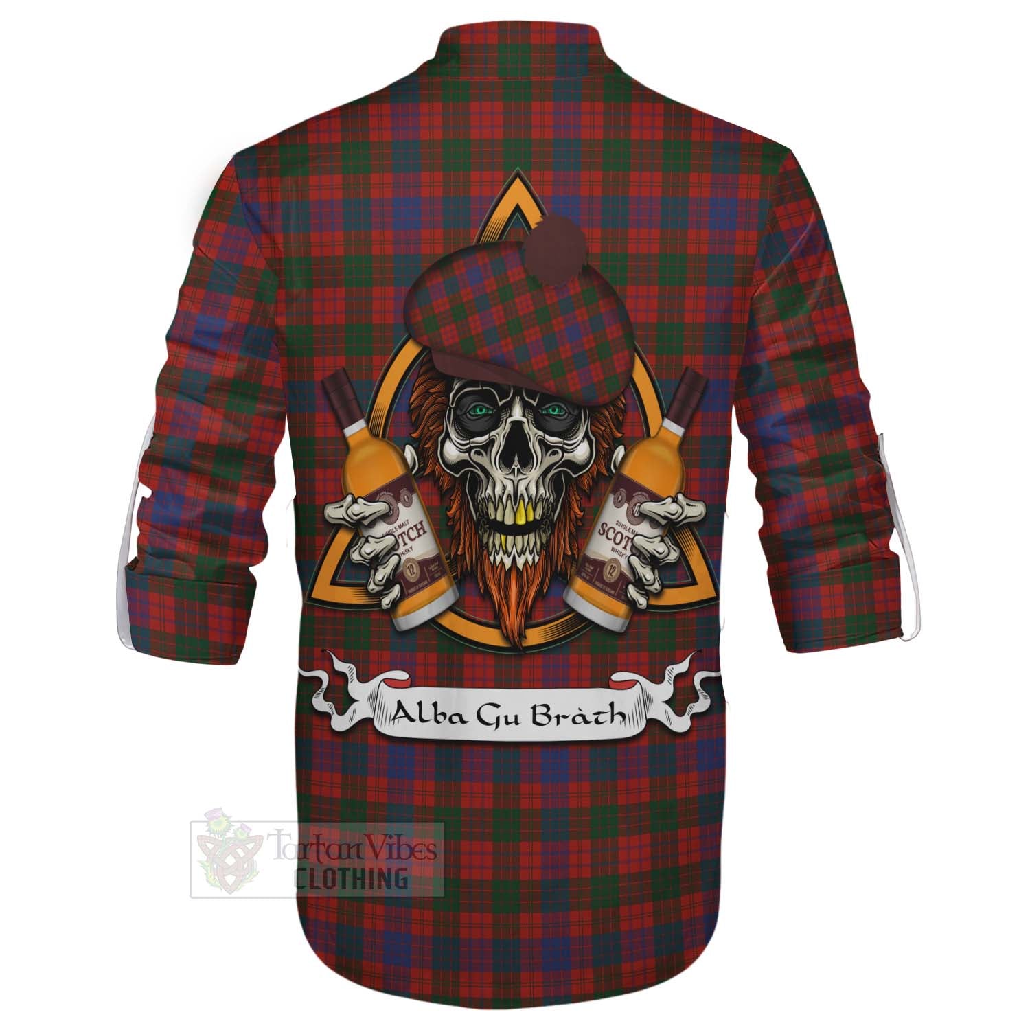 Tartan Vibes Clothing Ross Tartan Ghillie Kilt Shirt with Family Crest and Bearded Skull Holding Bottles of Whiskey