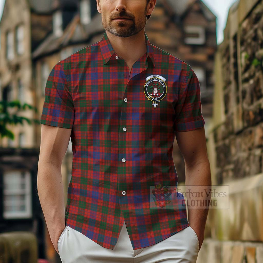 Tartan Vibes Clothing Ross Tartan Short Sleeve Button Shirt with Family Crest Celtic Skull Style