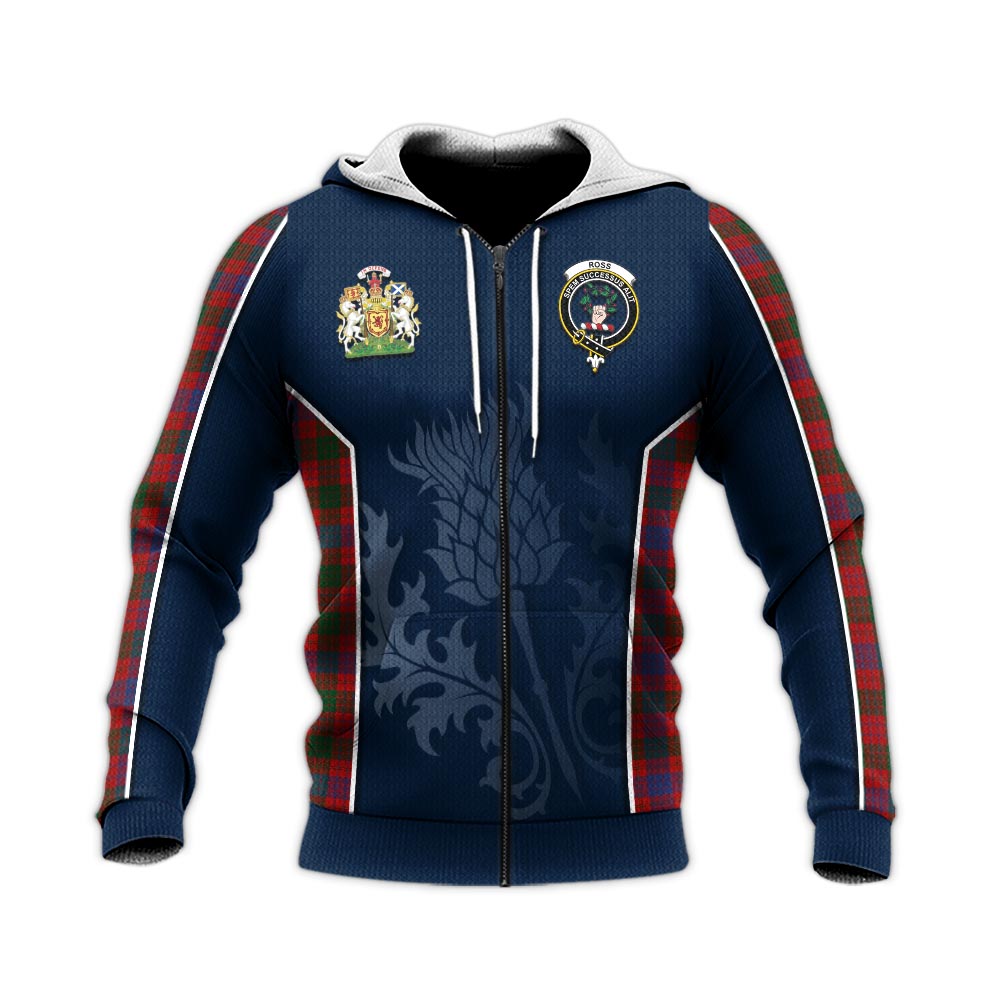 Tartan Vibes Clothing Ross Tartan Knitted Hoodie with Family Crest and Scottish Thistle Vibes Sport Style