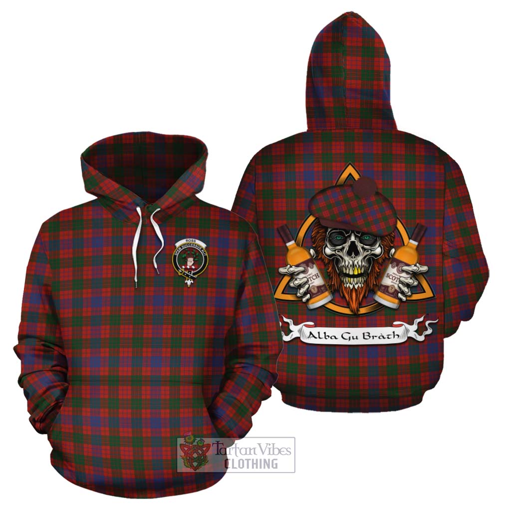 Tartan Vibes Clothing Ross Tartan Cotton Hoodie with Family Crest and Bearded Skull Holding Bottles of Whiskey