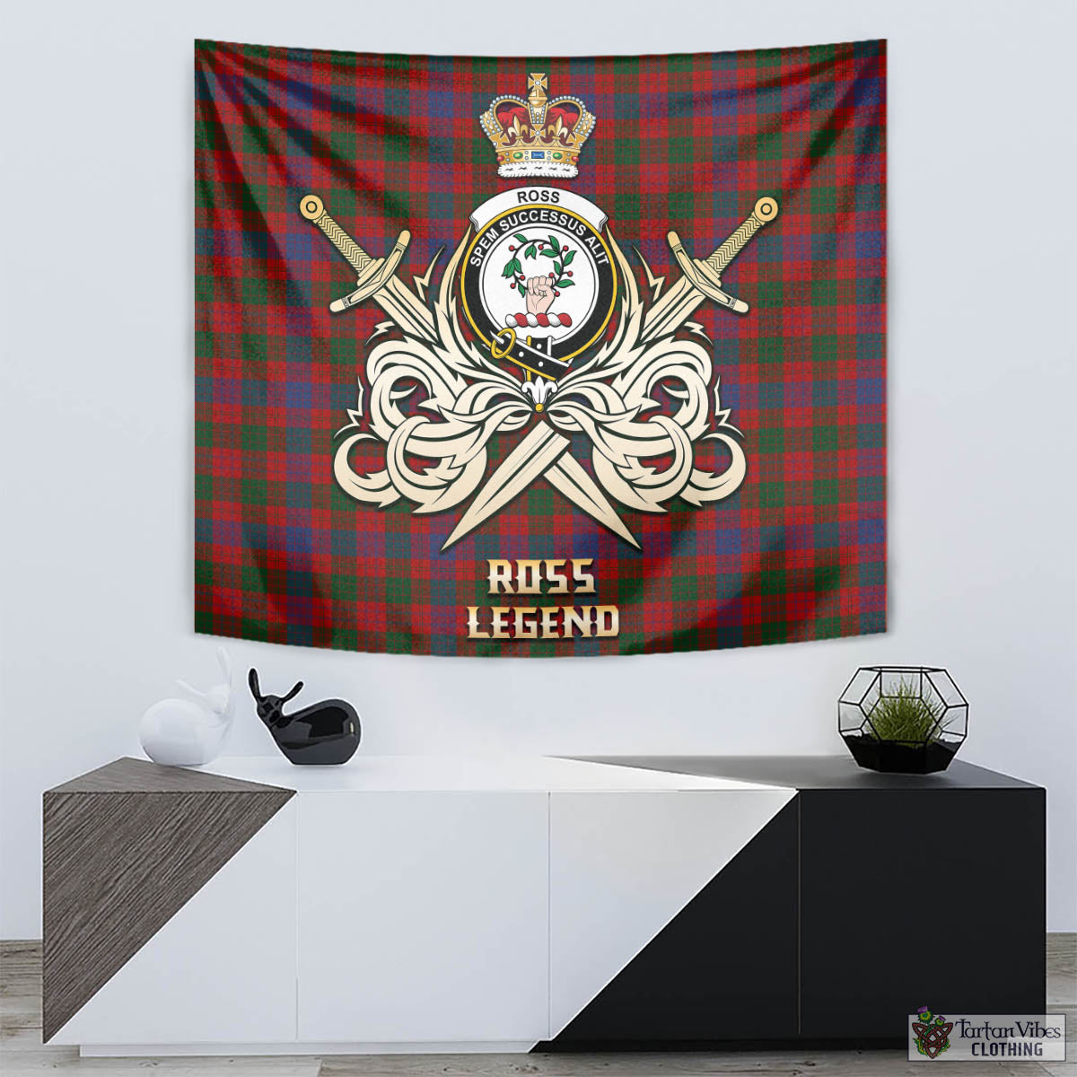 Tartan Vibes Clothing Ross Tartan Tapestry with Clan Crest and the Golden Sword of Courageous Legacy