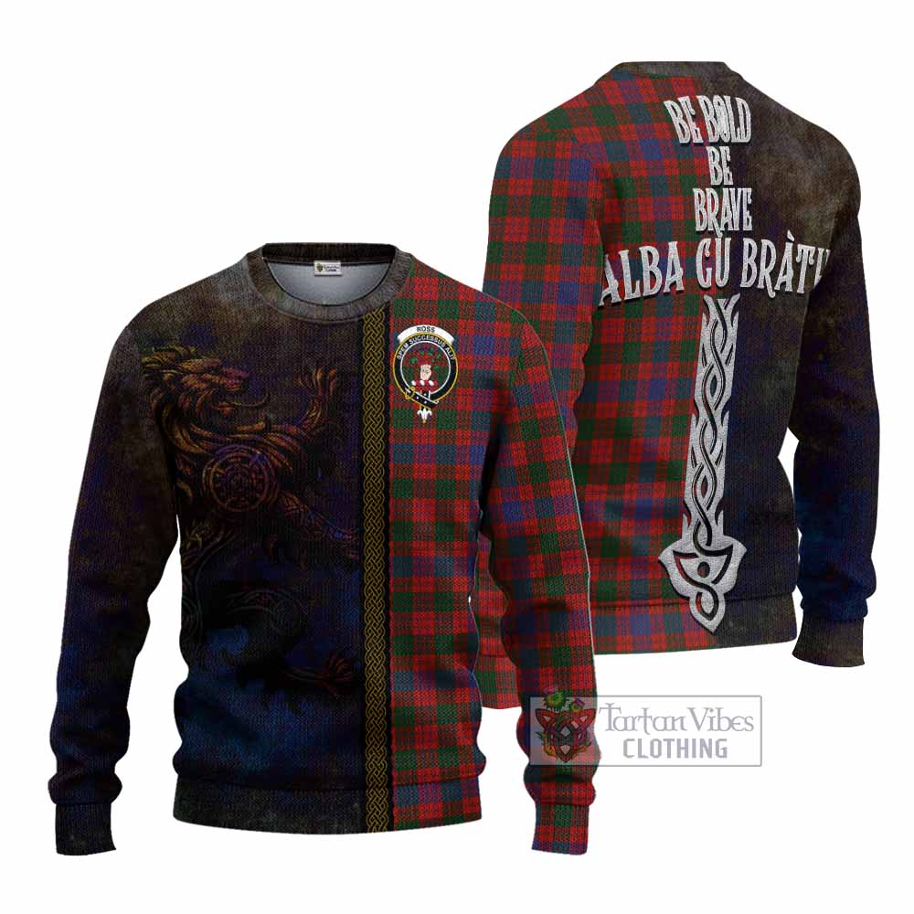 Ross Tartan Family Crest Knitted Sweater Alba Gu Brath Be Brave Lion Ancient Style - Tartan Vibes Clothing