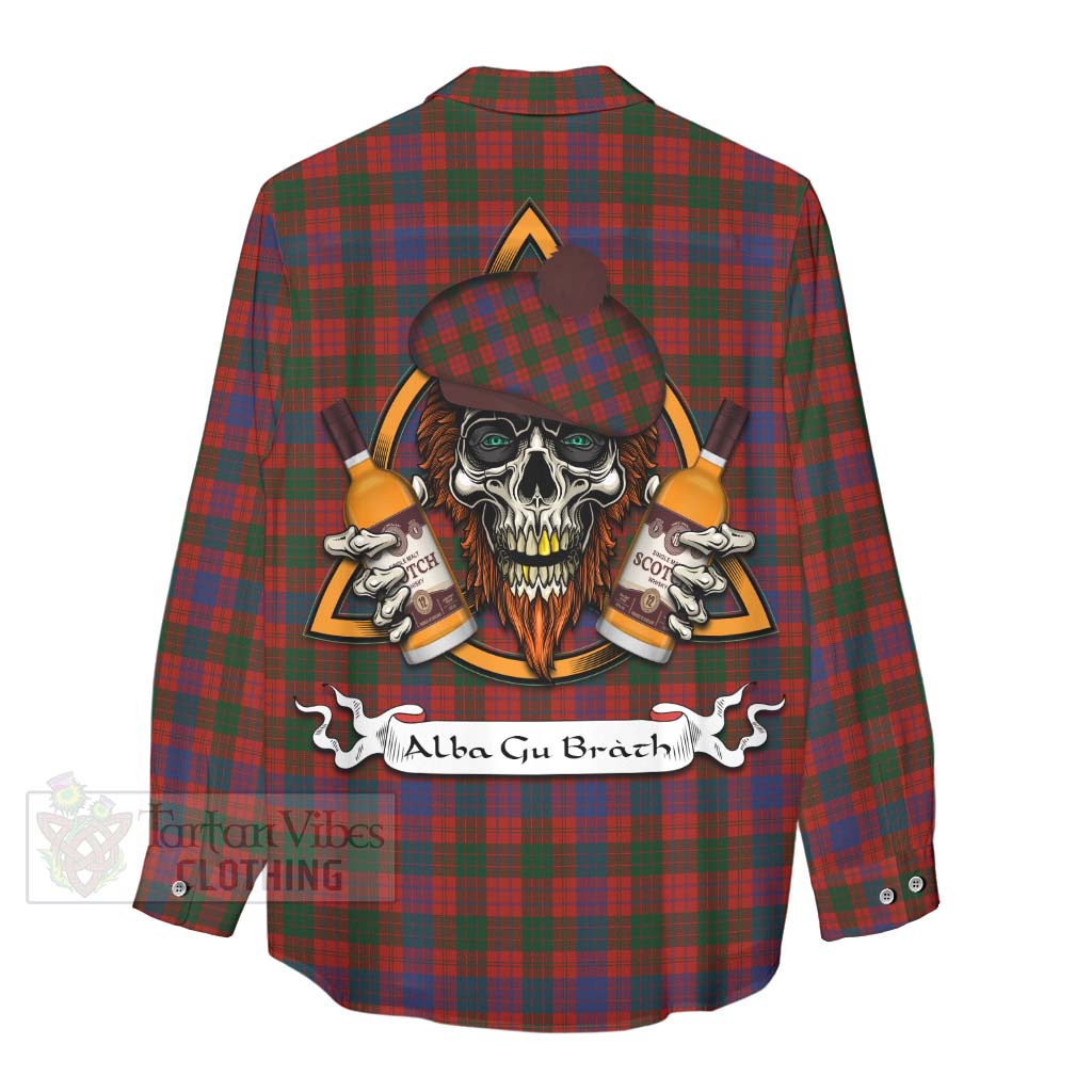 Tartan Vibes Clothing Ross Tartan Women's Casual Shirt with Family Crest and Bearded Skull Holding Bottles of Whiskey