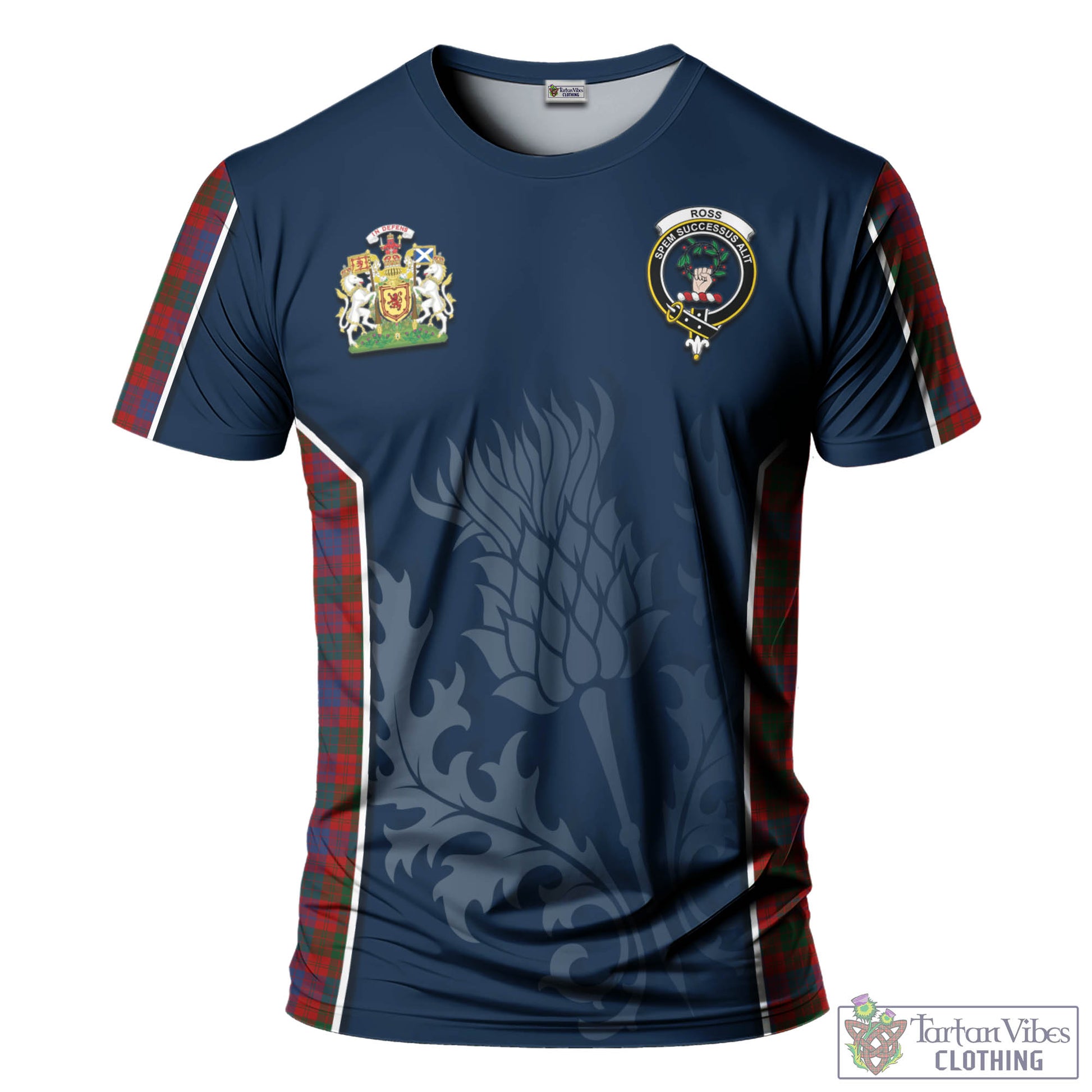 Tartan Vibes Clothing Ross Tartan T-Shirt with Family Crest and Scottish Thistle Vibes Sport Style