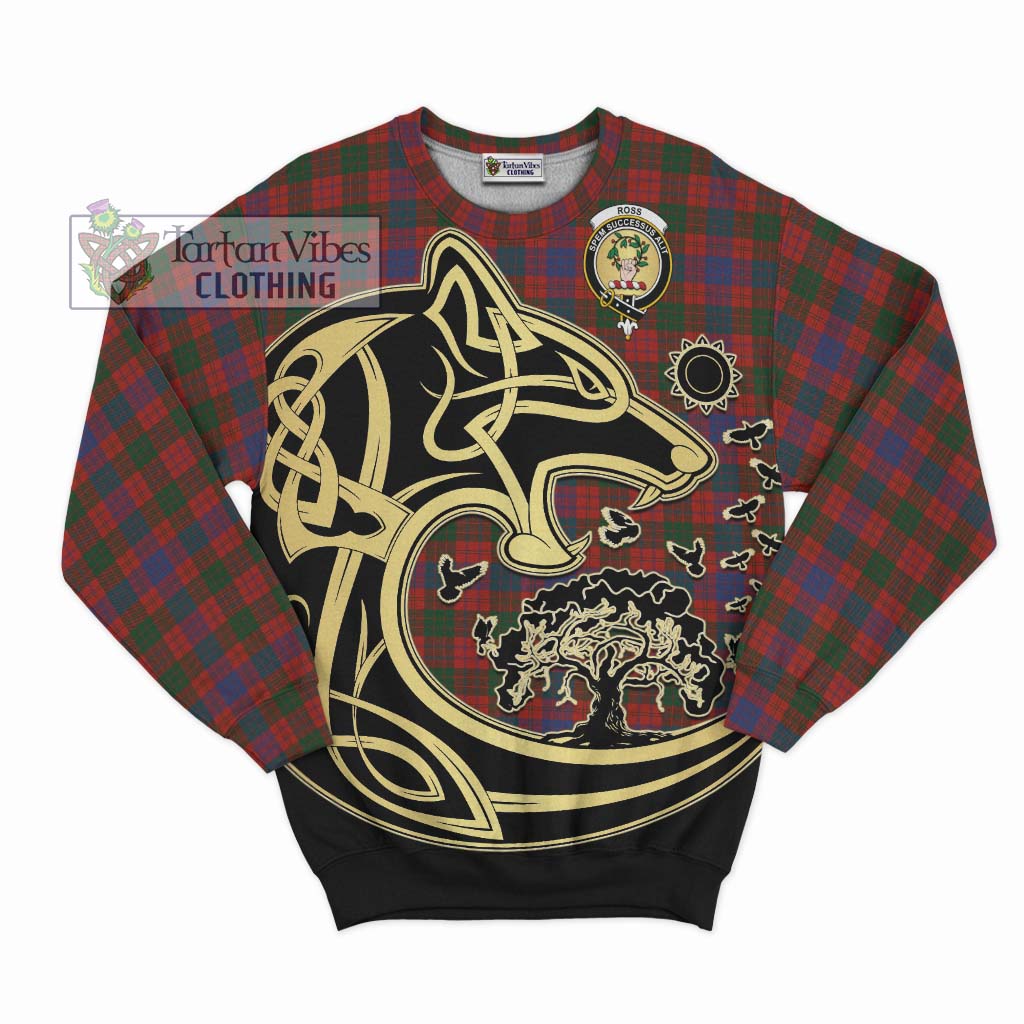 Tartan Vibes Clothing Ross Tartan Sweatshirt with Family Crest Celtic Wolf Style