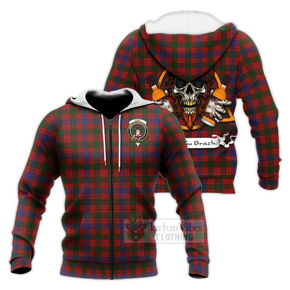 Tartan Vibes Clothing Ross Tartan Knitted Hoodie with Family Crest and Bearded Skull Holding Bottles of Whiskey