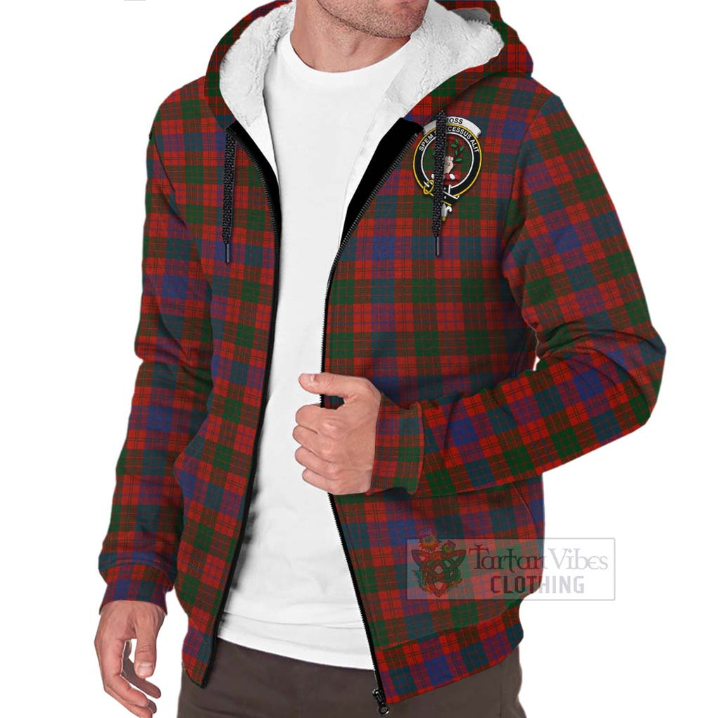 Tartan Vibes Clothing Ross Tartan Sherpa Hoodie with Family Crest and Bearded Skull Holding Bottles of Whiskey