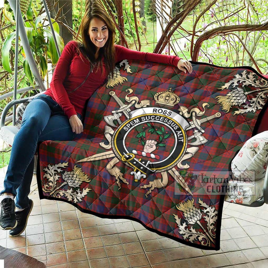 Tartan Vibes Clothing Ross Tartan Quilt with Family Crest and Scottish Golden Courage Shield