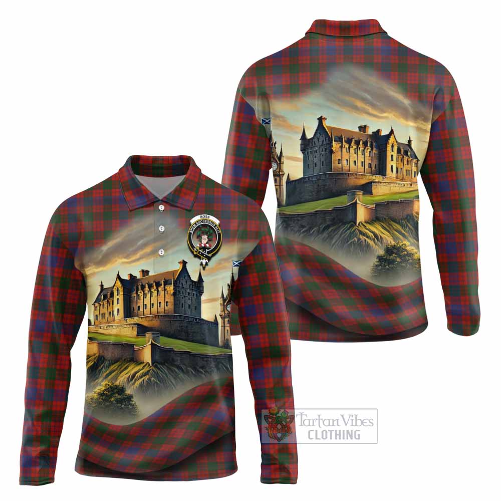 Ross Tartan Family Crest Long Sleeve Polo Shirt with Scottish Ancient Castle Style - Tartan Vibes Clothing