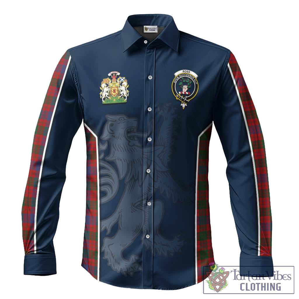 Ross Tartan Long Sleeve Button Up Shirt with Family Crest and Lion Rampant Vibes Sport Style