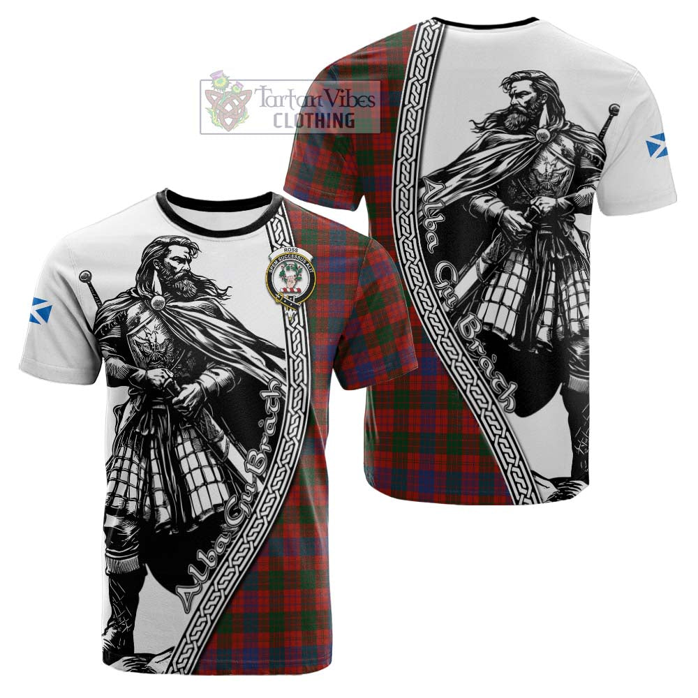 Ross Tartan Clan Crest Cotton T-shirt with Highlander Warrior Celtic Style