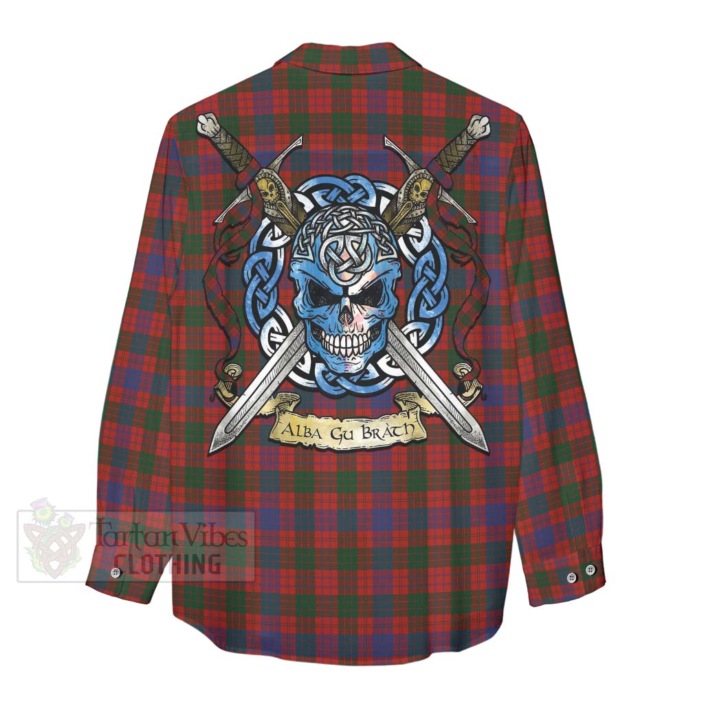 Tartan Vibes Clothing Ross Tartan Women's Casual Shirt with Family Crest Celtic Skull Style