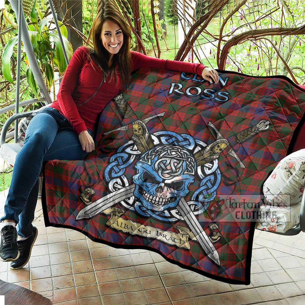 Tartan Vibes Clothing Ross Tartan Quilt with Celtic Skull Alba Gu Brath Style