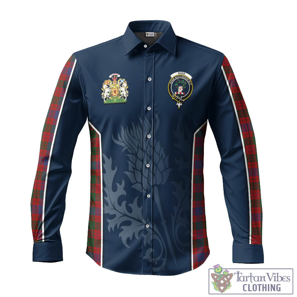 Tartan Vibes Clothing Ross Tartan Long Sleeve Button Up Shirt with Family Crest and Scottish Thistle Vibes Sport Style