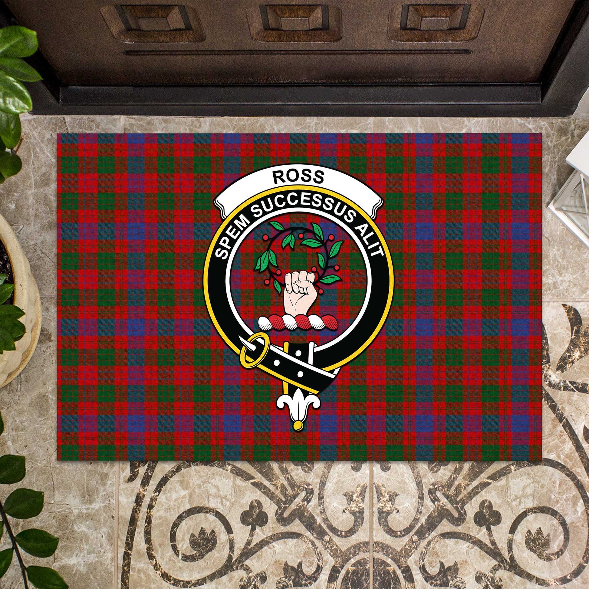 Ross Tartan Door Mat with Family Crest - Tartanvibesclothing Shop