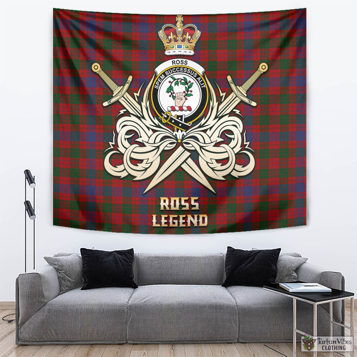 Tartan Vibes Clothing Ross Tartan Tapestry with Clan Crest and the Golden Sword of Courageous Legacy