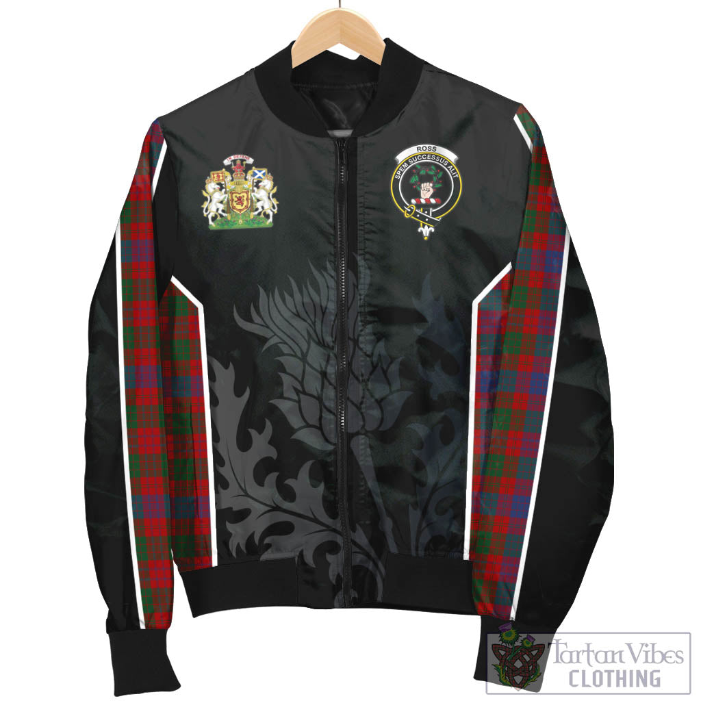 Tartan Vibes Clothing Ross Tartan Bomber Jacket with Family Crest and Scottish Thistle Vibes Sport Style