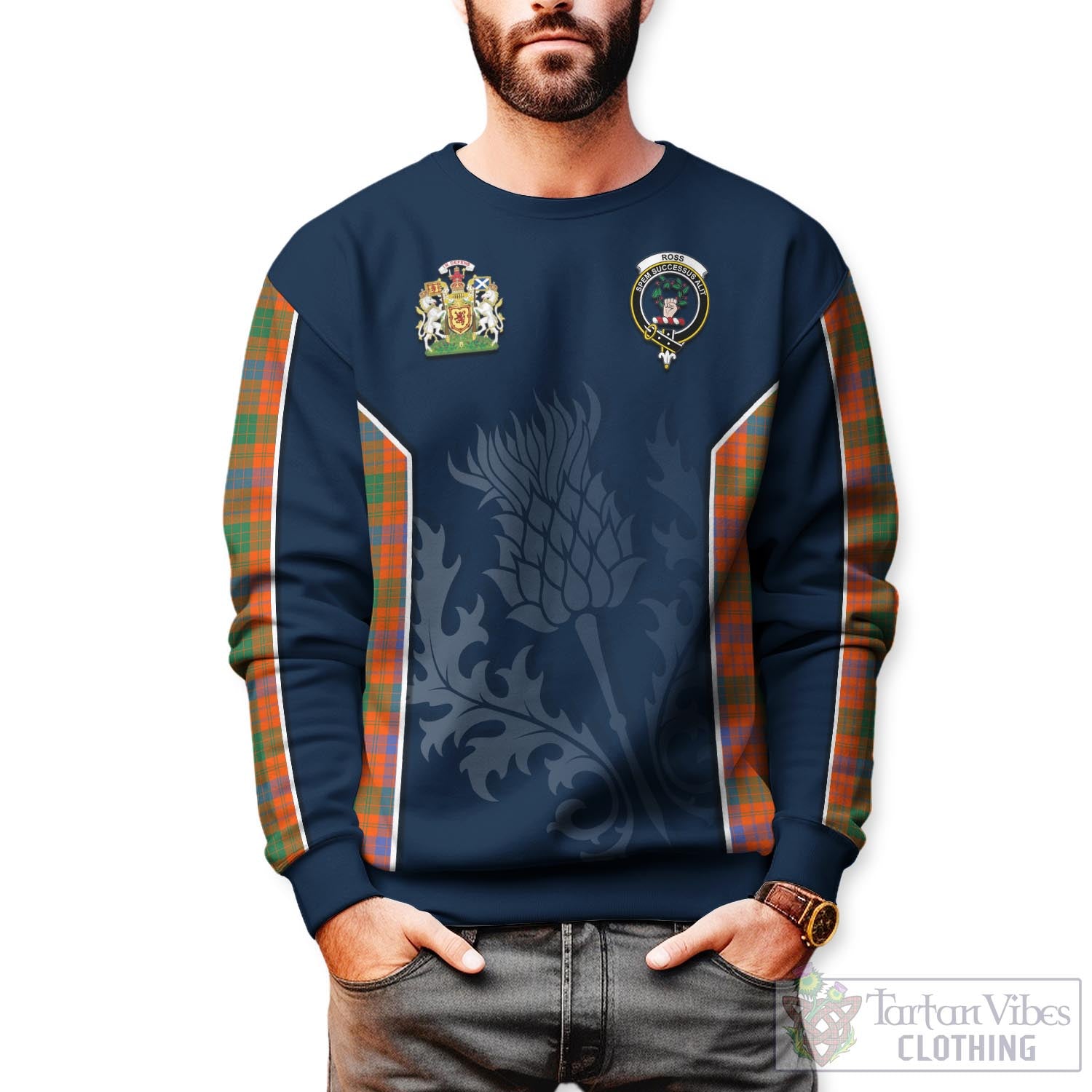 Tartan Vibes Clothing Ross Ancient Tartan Sweatshirt with Family Crest and Scottish Thistle Vibes Sport Style