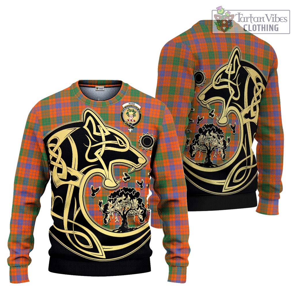 Tartan Vibes Clothing Ross Ancient Tartan Knitted Sweater with Family Crest Celtic Wolf Style