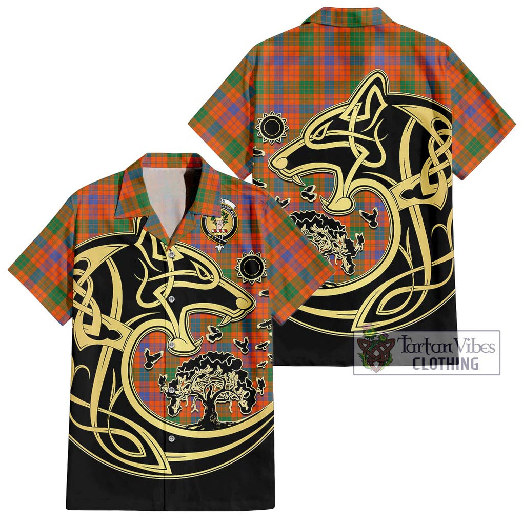 Ross Ancient Tartan Short Sleeve Button Shirt with Family Crest Celtic Wolf Style Kid - Tartan Vibes Clothing