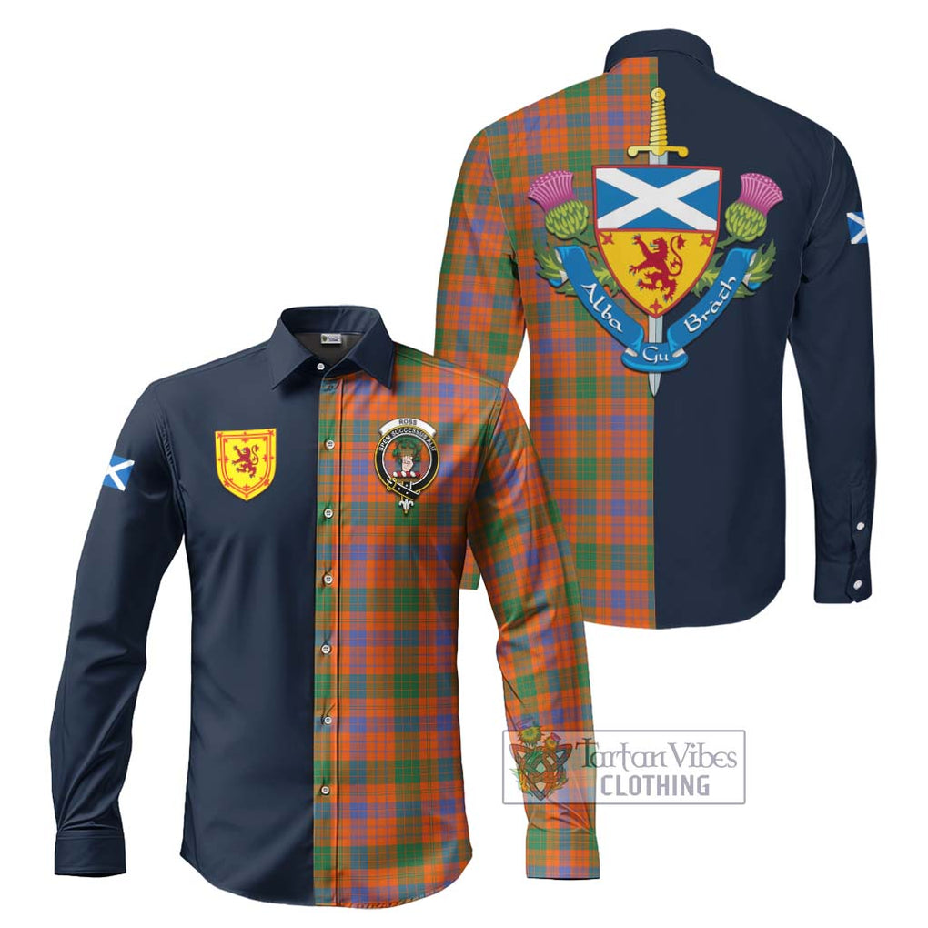 Tartan Vibes Clothing Ross Ancient Tartan Long Sleeve Button Shirt with Scottish Lion Royal Arm Half Style