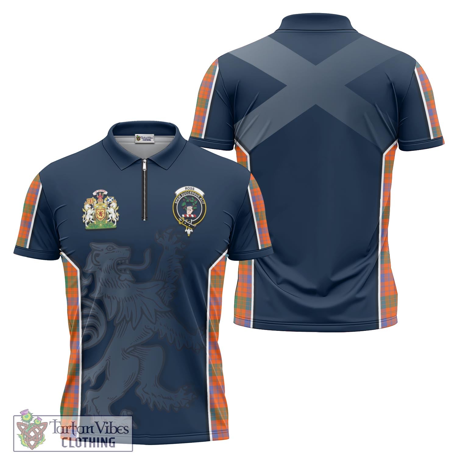 Tartan Vibes Clothing Ross Ancient Tartan Zipper Polo Shirt with Family Crest and Lion Rampant Vibes Sport Style