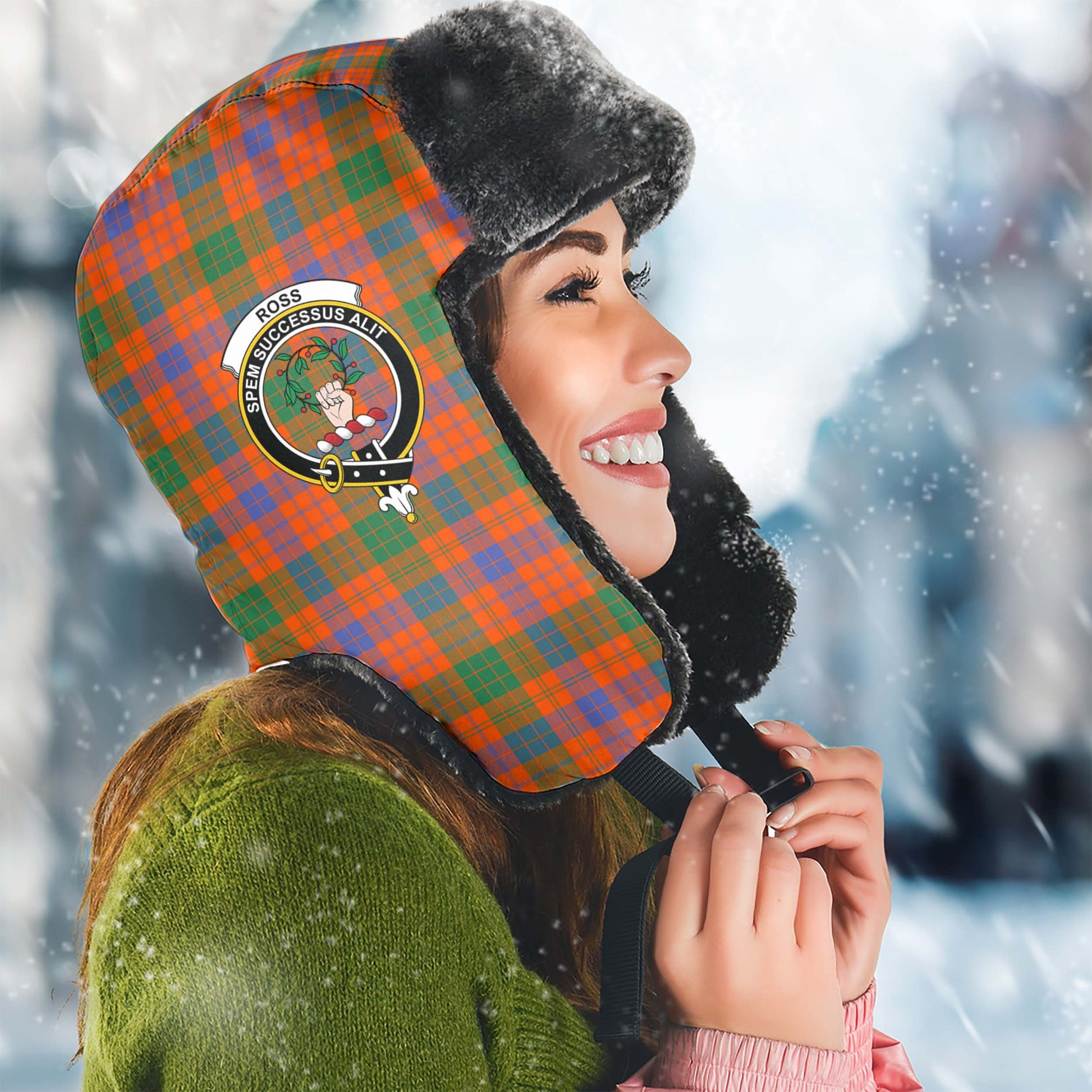 Ross Ancient Tartan Winter Trapper Hat with Family Crest Winter Trapper Hat Universal Fit Circumference 22.8in (58cm) - Tartanvibesclothing