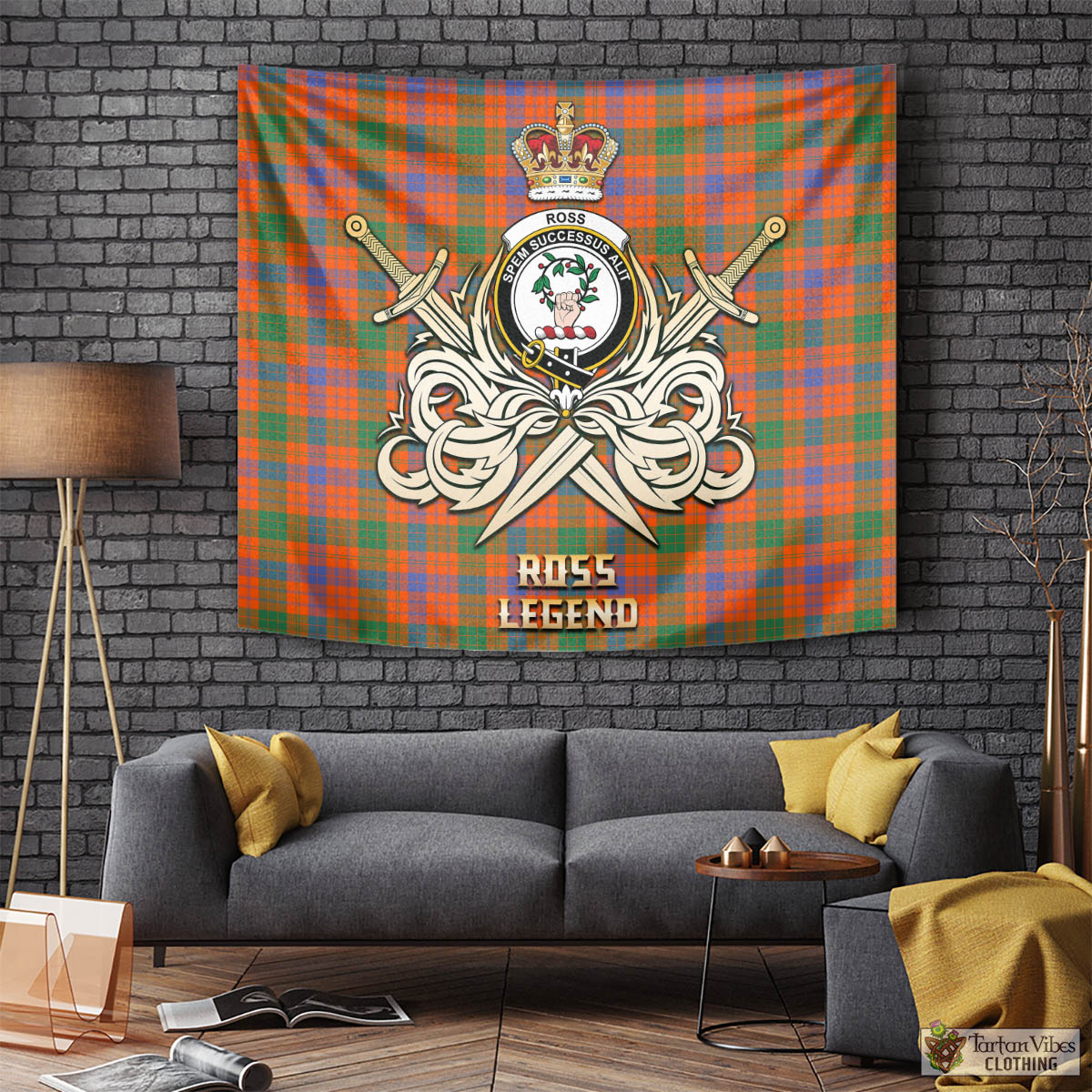 Tartan Vibes Clothing Ross Ancient Tartan Tapestry with Clan Crest and the Golden Sword of Courageous Legacy