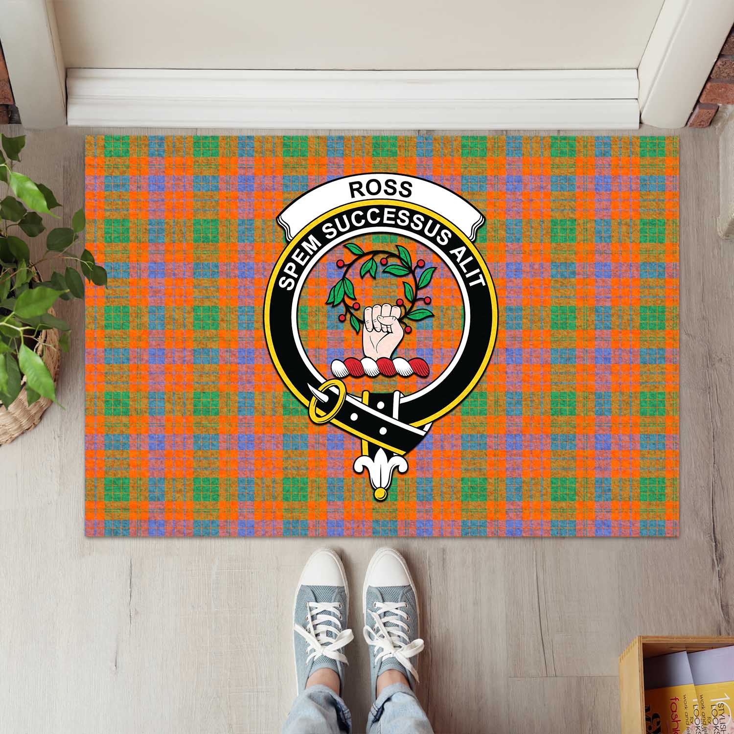 Ross Ancient Tartan Door Mat with Family Crest - Tartanvibesclothing Shop