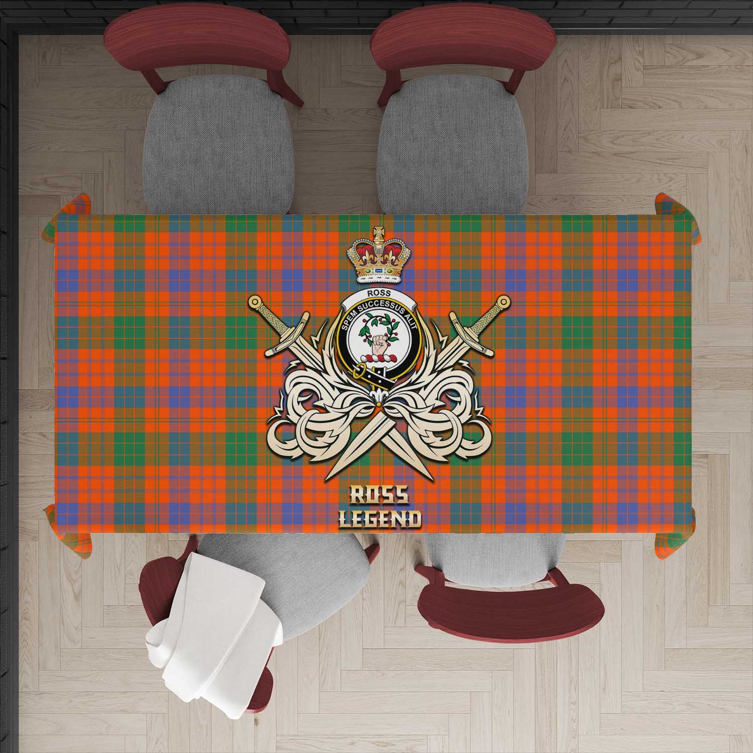 Tartan Vibes Clothing Ross Ancient Tartan Tablecloth with Clan Crest and the Golden Sword of Courageous Legacy