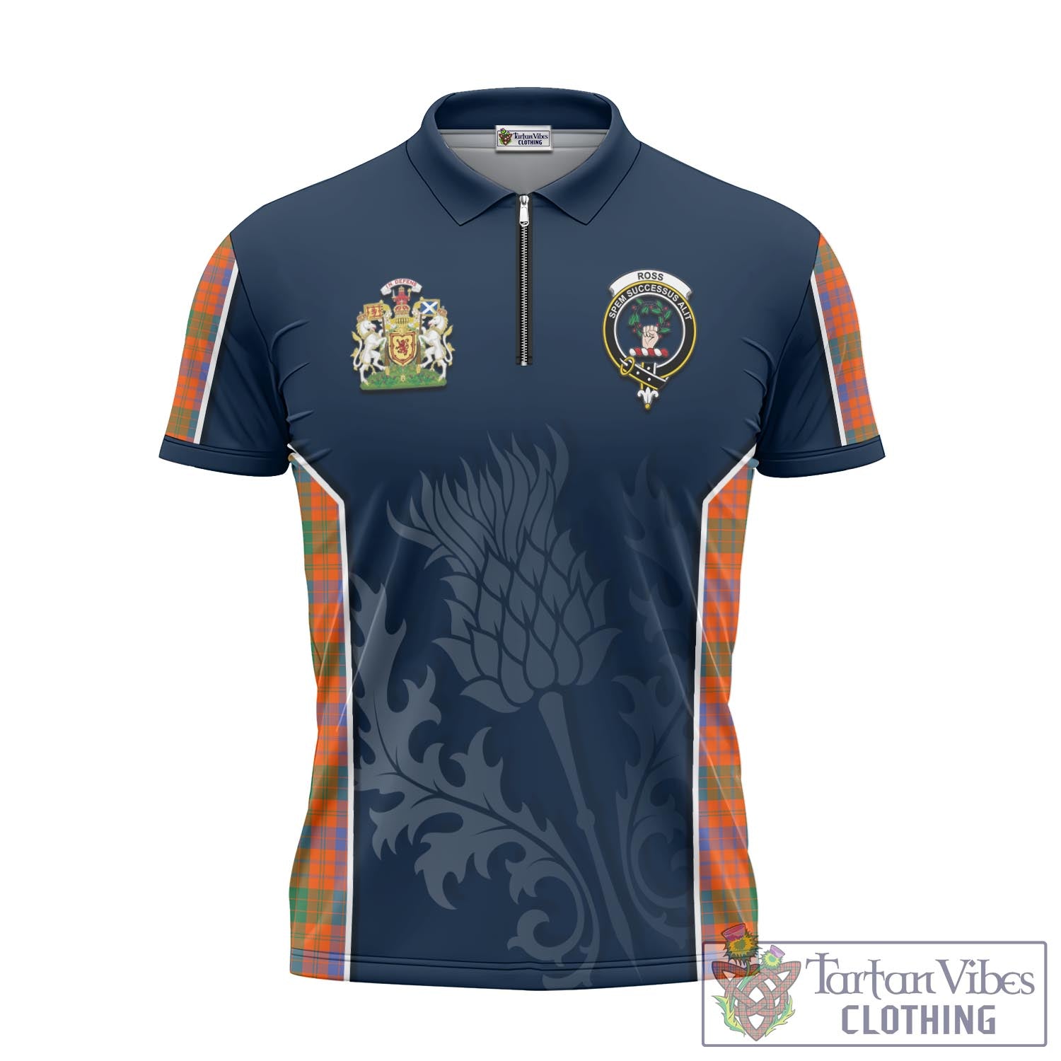 Tartan Vibes Clothing Ross Ancient Tartan Zipper Polo Shirt with Family Crest and Scottish Thistle Vibes Sport Style