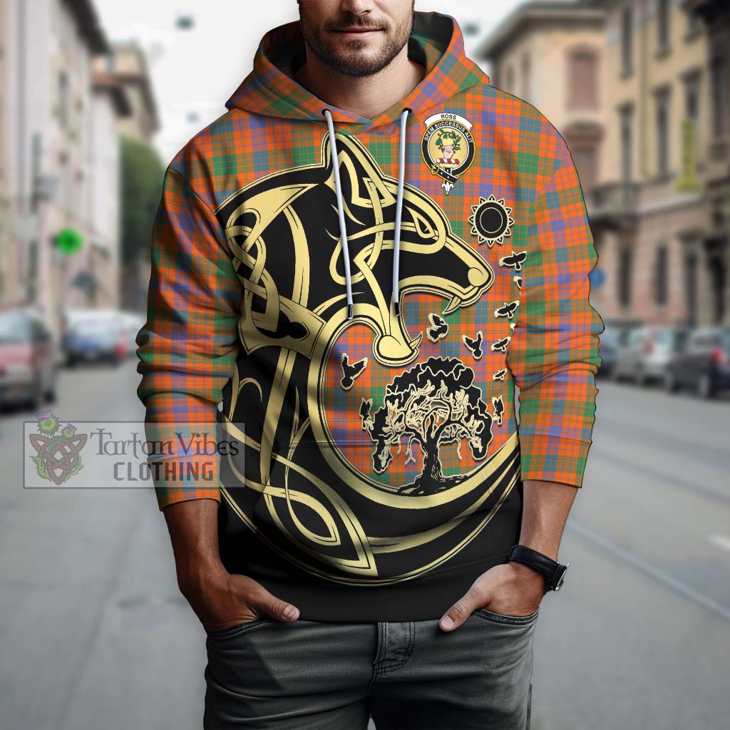 Tartan Vibes Clothing Ross Ancient Tartan Hoodie with Family Crest Celtic Wolf Style