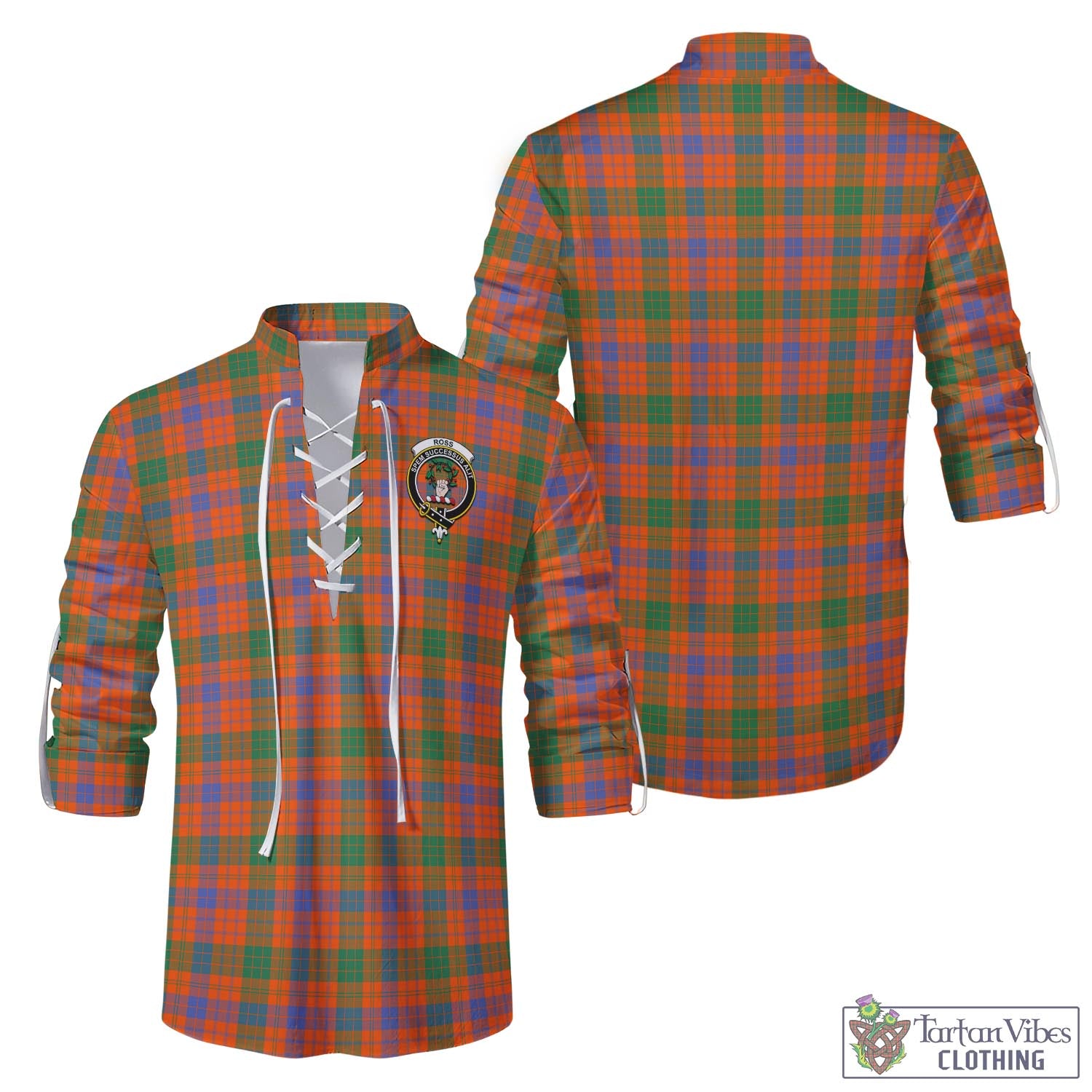 Tartan Vibes Clothing Ross Ancient Tartan Men's Scottish Traditional Jacobite Ghillie Kilt Shirt with Family Crest